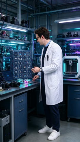 Presenter in a cool-lit tech workshop